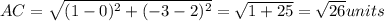 AC=\sqrt{(1-0)^2+(-3-2)^2}=\sqrt{1+25}=\sqrt{26} units