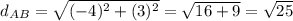 d_{AB}=\sqrt{(-4) ^2+(3) ^2 } =\sqrt{16 + 9 }=\sqrt{25}
