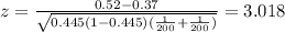 z=\frac{0.52-0.37}{\sqrt{0.445(1-0.445)(\frac{1}{200}+\frac{1}{200})}}=3.018