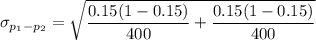 \sigma_{p_1-p_2}=\sqrt{\dfrac{0.15(1-0.15)}{400}+\dfrac{0.15(1-0.15)}{400}}