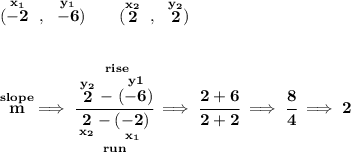 \bf (\stackrel{x_1}{-2}~,~\stackrel{y_1}{-6})\qquad (\stackrel{x_2}{2}~,~\stackrel{y_2}{2}) \\\\\\ \stackrel{slope}{m}\implies \cfrac{\stackrel{rise} {\stackrel{y_2}{2}-\stackrel{y1}{(-6)}}}{\underset{run} {\underset{x_2}{2}-\underset{x_1}{(-2)}}}\implies \cfrac{2+6}{2+2}\implies \cfrac{8}{4}\implies 2