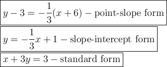 \large\boxed{y-3=-\dfrac{1}{3}(x+6)-\text{point-slope form}}\\\boxed{y=-\dfrac{1}{3}x+1-\text{slope-intercept form}}\\\boxed{x+3y=3-\text{standard form}}