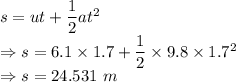 s=ut+\dfrac{1}{2}at^2\\\Rightarrow s=6.1\times 1.7+\dfrac{1}{2}\times 9.8\times 1.7^2\\\Rightarrow s=24.531\ m