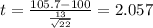 t=\frac{105.7-100}{\frac{13}{\sqrt{22}}}=2.057