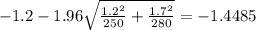 -1.2-1.96\sqrt{\frac{1.2^2}{250}+\frac{1.7^2}{280}}=-1.4485