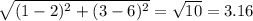 \sqrt { ( 1 - 2 ) ^ 2 + ( 3 - 6 ) ^ 2 } = \sqrt{10} =3.16