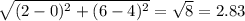 \sqrt { ( 2 - 0 ) ^ 2 + ( 6 - 4 ) ^ 2 } = \sqrt{8} =2.83