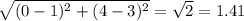 \sqrt { ( 0 - 1 ) ^ 2 + ( 4 - 3 ) ^ 2 } = \sqrt{2} =1.41