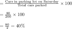 =\frac{\textrm{Cars in parking lot on Saturday}}{\textrm{Total cars parked}}\times 100\\\\=\frac{80}{200}\times 100\\\\=\frac{80}{2}=40\%