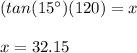 (tan(15\°)(120)=x\\\\x=32.15