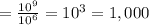 =\frac{10^9}{10^6}=10^3=1,000