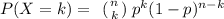 P (X = k) = \left\ ({{n} \atop {k}} )\right. p^{k} (1-p)^{n-k} \\