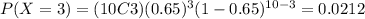 P(X=3)=(10C3)(0.65)^{3} (1-0.65)^{10-3}=0.0212
