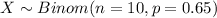 X \sim Binom(n=10, p=0.65)