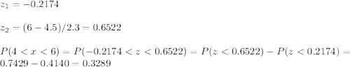 z_1=-0.2174\\\\z_2=(6-4.5)/2.3=0.6522\\\\P(4