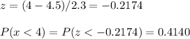 z=(4-4.5)/2.3=-0.2174\\\\P(x