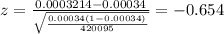 z=\frac{0.0003214 -0.00034}{\sqrt{\frac{0.00034(1-0.00034)}{420095}}}=-0.654
