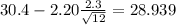 30.4-2.20\frac{2.3}{\sqrt{12}}=28.939