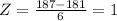 Z=\frac{187-181}{6}=1
