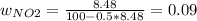 w_{NO2}=\frac{8.48}{100-0.5*8.48}=0.09