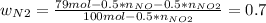 w_{N2}=\frac{79 mol -0.5*n_{NO}- 0.5*n_{NO2}}{100 mol - 0.5*n_{NO2}}=0.7