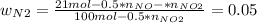 w_{N2}=\frac{21 mol - 0.5*n_{NO}-*n_{NO2}}{100 mol -0.5*n_{NO2}}=0.05