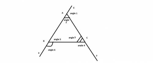 Atriangle is shown with its exterior angles. the interior angles of the triangle are angles 2, 3, 5.