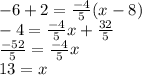 -6+2=\frac{-4}{5}(x-8)\\-4=\frac{-4}{5} x+\frac{32}{5}\\\frac{-52}{5}= \frac{-4}{5} x\\ 13=x