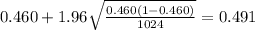 0.460+1.96\sqrt{\frac{0.460(1-0.460)}{1024}}=0.491