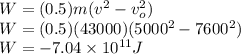 W = (0.5) m (v^{2} - v_{o}^{2})\\W = (0.5) (43000) (5000^{2} - 7600^{2})\\W = - 7.04\times10^{11} J