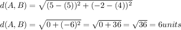 d(A,B)=\sqrt{(5-(5))^{2}+(-2-(4))^{2}}\\\\d(A,B)=\sqrt{0+(-6)^{2}}=\sqrt{0+36}=\sqrt{36}=6units