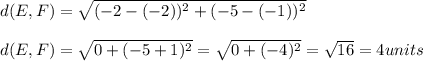 d(E,F)=\sqrt{(-2-(-2))^{2}+(-5-(-1))^{2}}\\\\d(E,F)=\sqrt{0+(-5+1)^{2}}=\sqrt{0+(-4)^{2}}=\sqrt{16}=4units