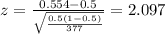 z=\frac{0.554 -0.5}{\sqrt{\frac{0.5(1-0.5)}{377}}}=2.097