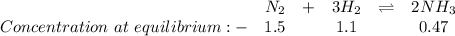 \begin{matrix}&N_2&+&3H_2&\rightleftharpoons &2NH_3\\Concentration\ at\ equilibrium:-&1.5&&1.1&&0.47\end{matrix}