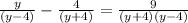 \frac{y}{\left(y-4\right)}-\frac{4}{\left(y+4\right)}=\frac{9}{(y+4)\left(y-4\right)}