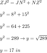 ZJ^2=JN^2+NZ^2\\\\y^2=8^2+15^2\\\\y^2=64+225\\\\y^2=289\to y=\sqrt{289}\\\\y=17\ in