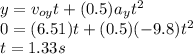 y = v_{oy} t + (0.5) a_{y} t^{2} \\0 = (6.51) t + (0.5) (- 9.8) t^{2}\\t = 1.33 s