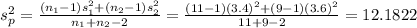 s_{p}^{2} = \frac{(n_{1}-1)s_{1}^{2}+(n_{2}-1)s_{2}^{2}}{n_{1}+n_{2}-2} = \frac{(11-1)(3.4)^{2}+(9-1)(3.6)^{2}}{11+9-2} = 12.1822