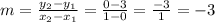 m = \frac {y_ {2} -y_ {1}} {x_ {2} -x_ {1}} = \frac {0-3} {1-0} = \frac {-3} {1} = -3