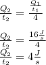 \frac{Q_2}{t_2}=\frac{\frac{Q_1}{t_1}}{4}\\\\\frac{Q_2}{t_2}=\frac{16\frac{J}{s}}{4}\\\frac{Q_2}{t_2}=4\frac{J}{s}
