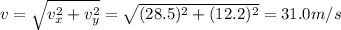 v=\sqrt{v_x^2+v_y^2}=\sqrt{(28.5)^2+(12.2)^2}=31.0 m/s