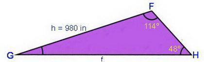 In δfgh, h = 980 inches, ∠h=114° and ∠f=48°. find the length of f, to the nearest 10th of an inch.