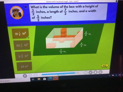 What is the volume of a box with a height of 3/2 inches, and then seven over2 inches and a width of