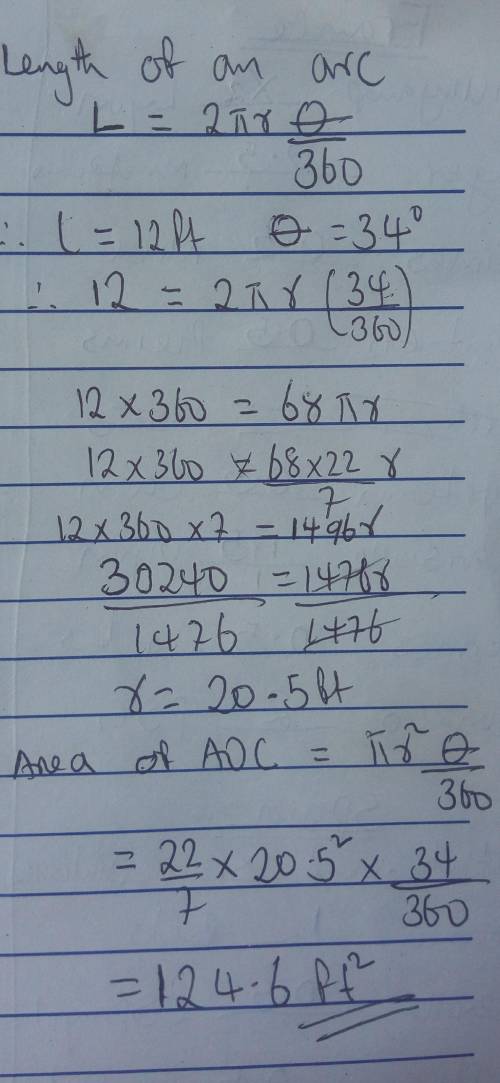 Guys   if the angle of o is 34 degree, ac = 12 feet, solve the aoc sector area.