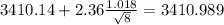 3410.14+2.36\frac{1.018}{\sqrt{8}}=3410.989