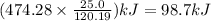 (474.28\times \frac{25.0}{120.19})kJ=98.7kJ