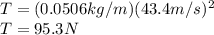 T=(0.0506kg/m)(43.4m/s)^2\\T=95.3N