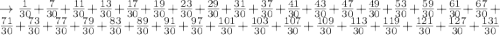 \rightarrow\frac{1}{30}+\frac{7}{30}+\frac{11}{30}+\frac{13}{30}+\frac{17}{30}+\frac{19}{30}+\frac{23}{30}+\frac{29}{30}+\frac{31}{30}+\frac{37}{30}+\frac{41}{30}+\frac{43}{30}+\frac{47}{30}+\frac{49}{30}+\frac{53}{30}+\frac{59}{30}+\frac{61}{30}+\frac{67}{30}+\frac{71}{30}+\frac{73}{30}+\frac{77}{30}+\frac{79}{30}+\frac{83}{30}+\frac{89}{30}+\frac{91}{30}+\frac{97}{30}+\frac{101}{30}+\frac{103}{30}+\frac{107}{30}+\frac{109}{30}+\frac{113}{30}+\frac{119}{30}+\frac{121}{30}+\frac{127}{30}+\frac{131}{30}