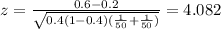 z=\frac{0.6-0.2}{\sqrt{0.4(1-0.4)(\frac{1}{50}+\frac{1}{50})}}=4.082