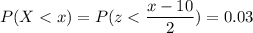 P( X < x) = P( z < \displaystyle\frac{x - 10}{2})=0.03